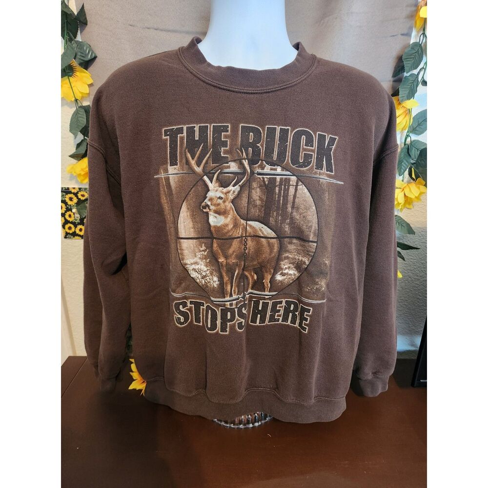 Vintage "The Buck Stops Here" Deer Hunting Graphic Sweatshirt Brown Men's L